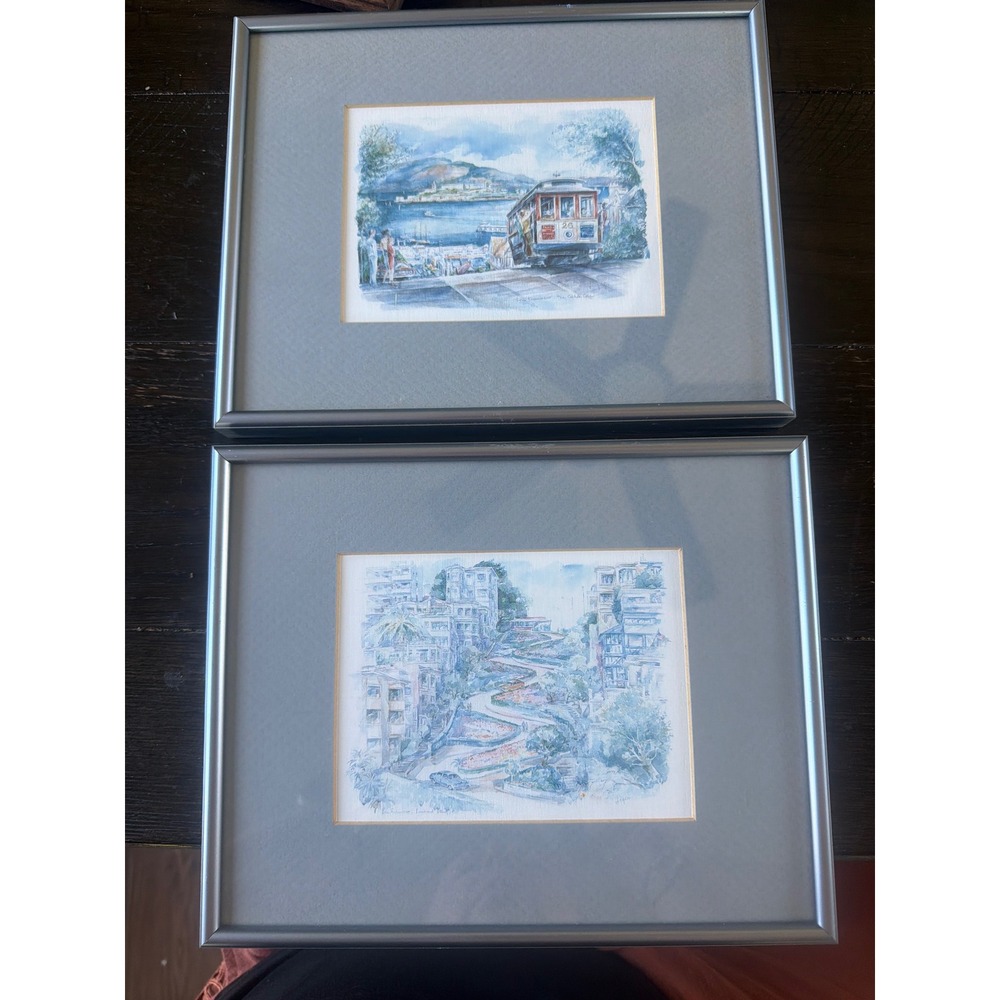 Pair of Vintage San Francisco Watercolor Prints, Legai Cable Car & Lombard St